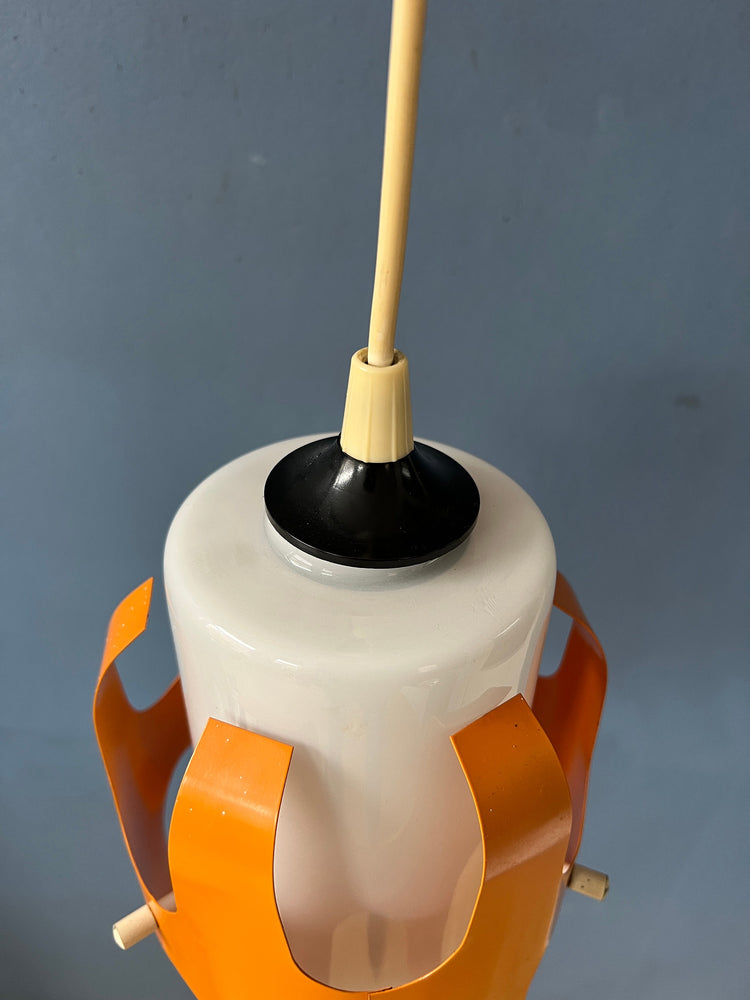 White Opaline Glass Pendant Lamp with Orange Iron Frame