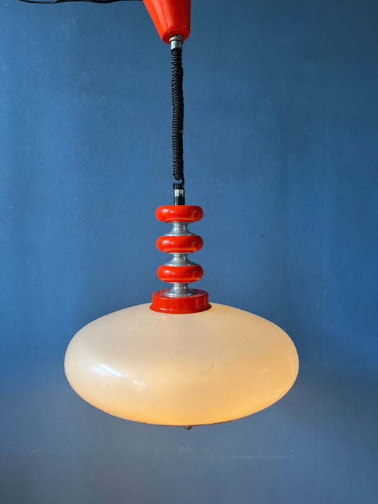 Red Space Age Pendant Lamp - White Acrylic Glass Shade - Mid Century Hanging Lamp