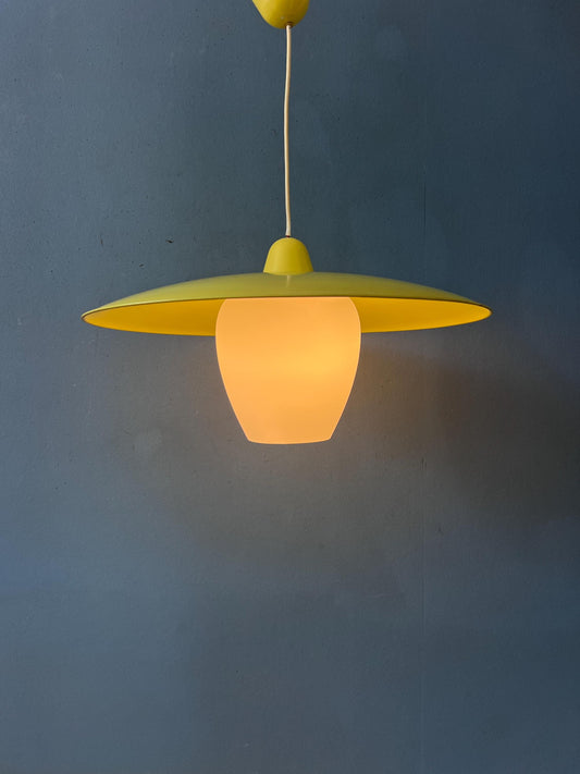 Mid Century Opaline Glass Pendant Lamp with Yellow Metal Shade