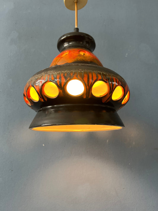 Red and Black Mid Century West Germany Ceramic Pendant Lamp