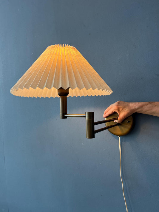 Brass Swivel Arm Mid Century Wall Lamp with Beige Pleated Shade