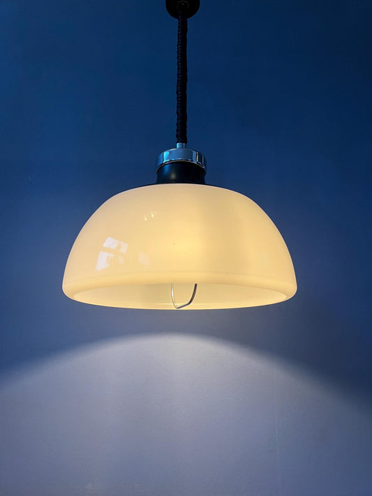 Mid Century Plexiglass Massive Space Age Pendant Lamp with White Acrylic Shade