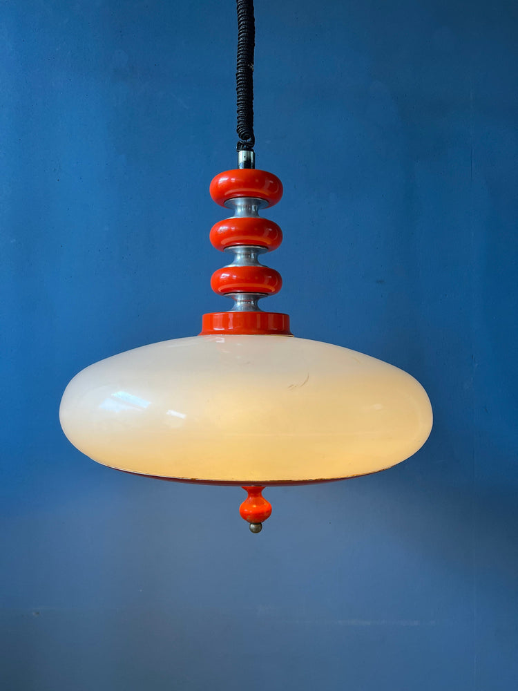Red Space Age Pendant Lamp - White Acrylic Glass Shade - Mid Century Hanging Lamp