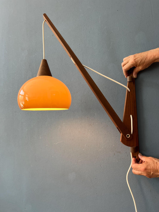 Danish Teak Wood Fishing Rod Wall Lamp with Plexiglass Mushroom Shade