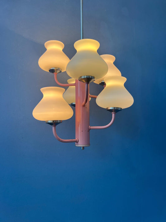 Mid Century White Opaline Glass Chandelier with Pink Frame