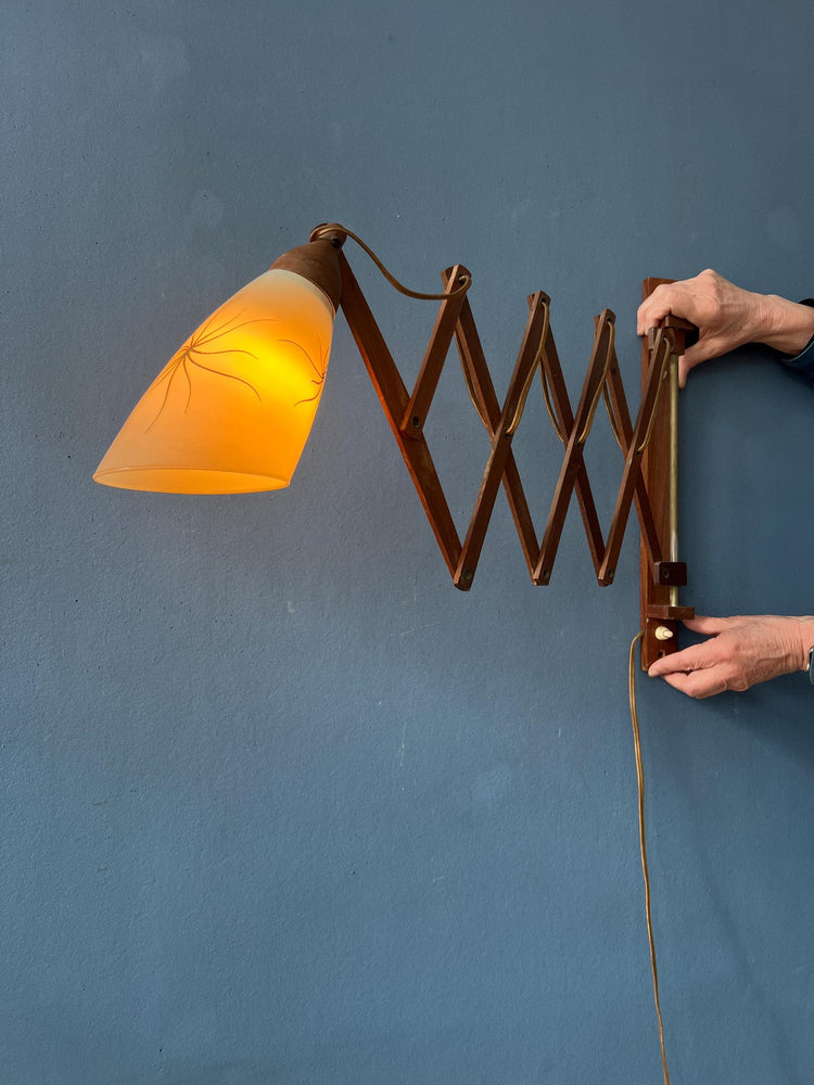 Mid Century Teak Wood Danish Wall Lamp with Glass Shade