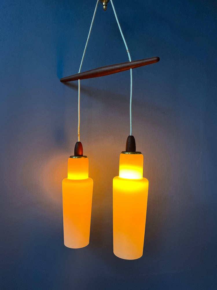 Danish Pendant Lamp with Two Opaline Glass Shades and Teak Wood Elements