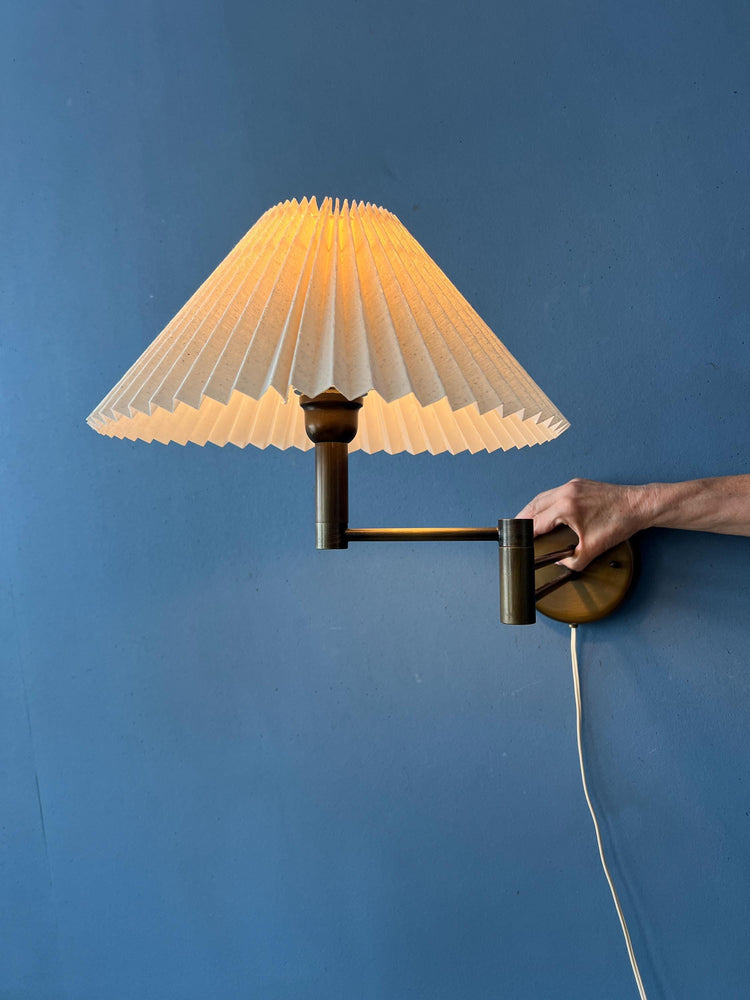 Brass Swivel Arm Mid Century Wall Lamp with Beige Pleated Shade