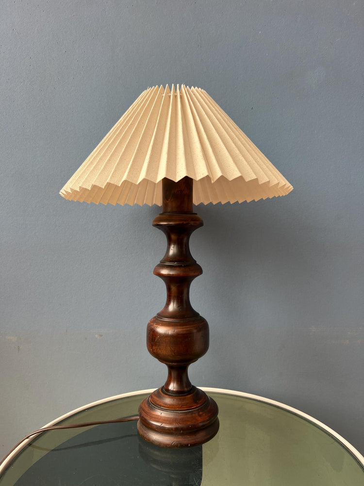 Vintage Wooden Table Lamp with Pleated Shade