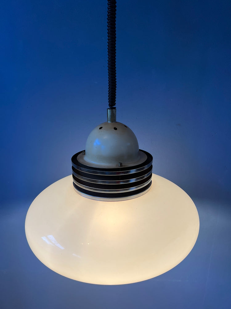 White Space Age Pendant Lamp with Plexiglass Shade and Chrome Top Cap