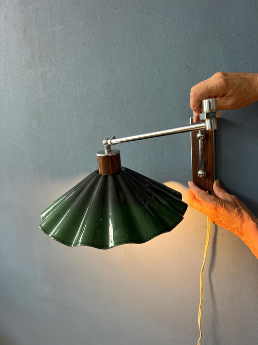 Mid Century Swing Arm Wall Lamp with Green Glass Shade