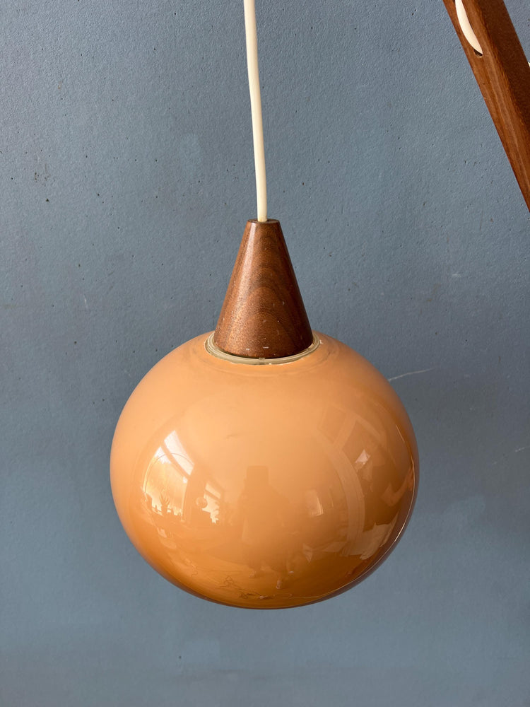 Danish Teak Wood Fishing Rod Wall Lamp with Plexiglass Mushroom Shade