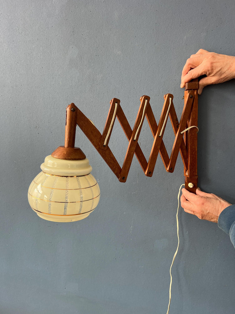 Vintage Teak Wood Scissor Wall Lamp with Glass Shade