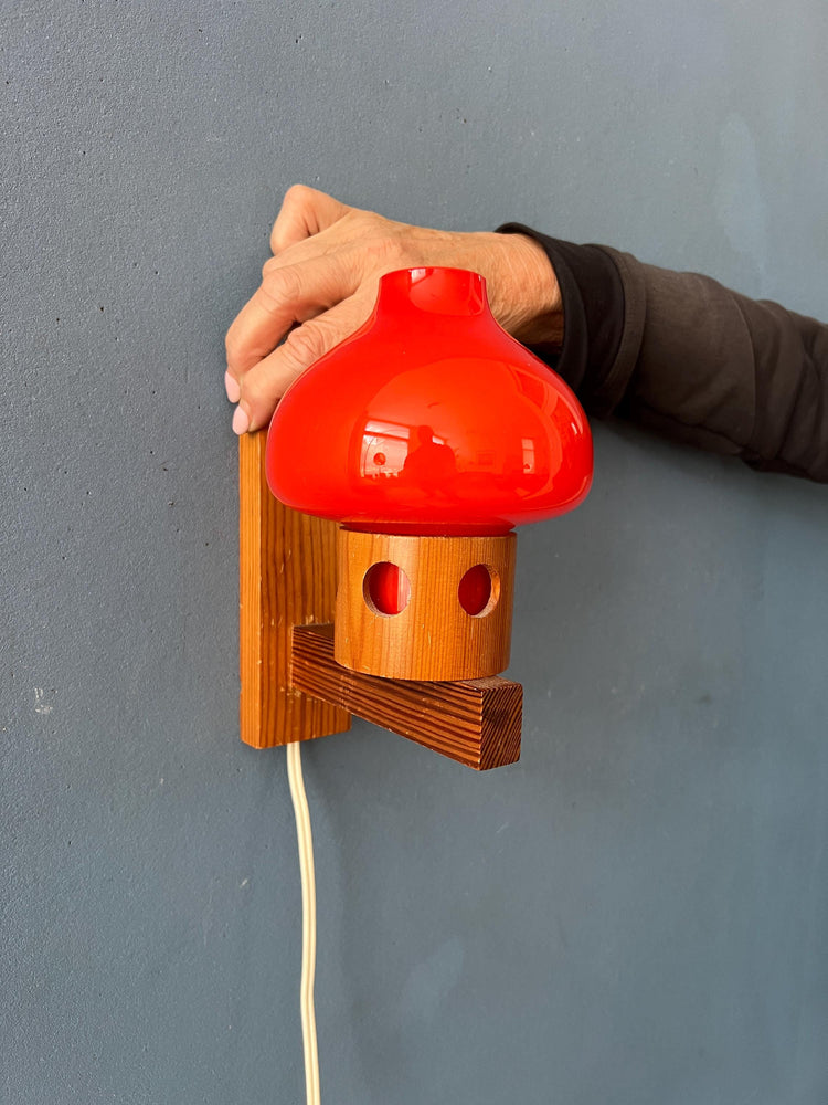 Vintage 50s Aneta Pine Wall Sconce with Orange Glass Shade