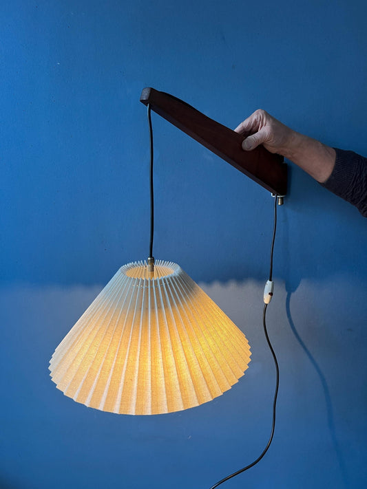 Mid Century Teak Wood Fishing Rod Wall Lamp with Pleated Shade