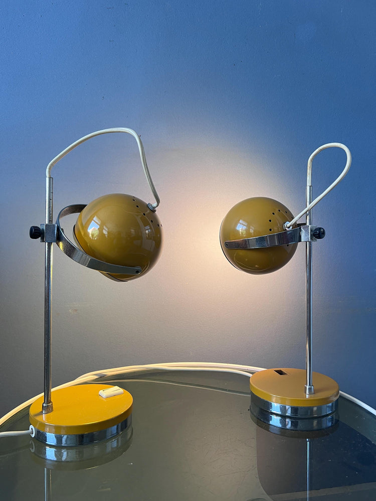 Set of 2 Yellow Space Age Eyeball Table Lamps | Vintage Mid Century Lights