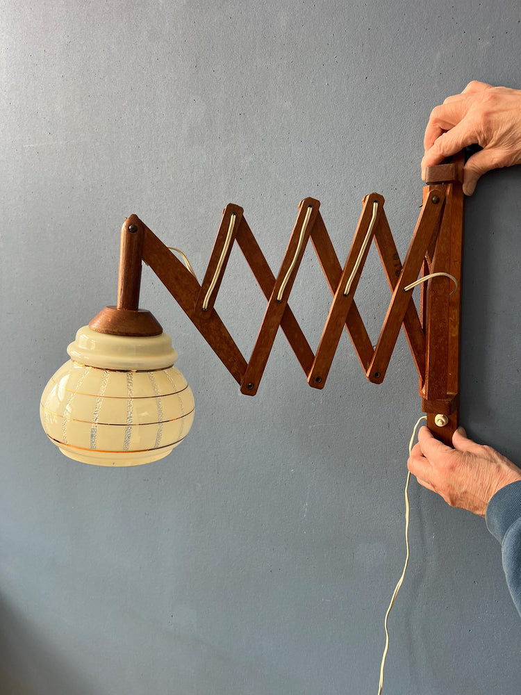 Vintage Teak Wood Scissor Wall Lamp with Glass Shade