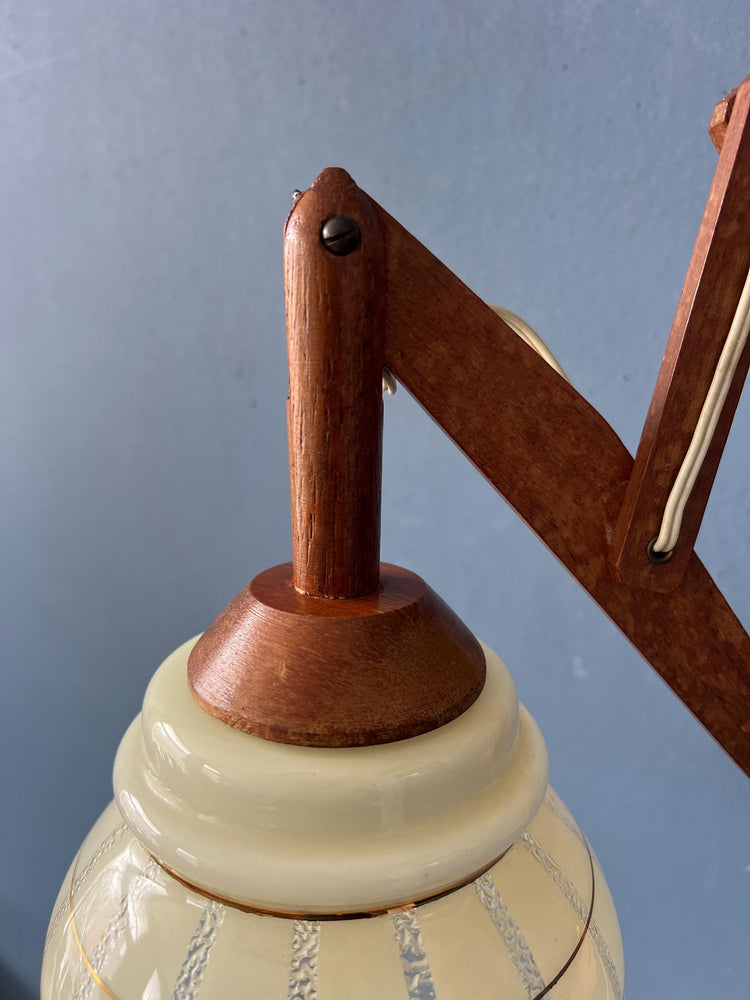 Vintage Teak Wood Scissor Wall Lamp with Glass Shade