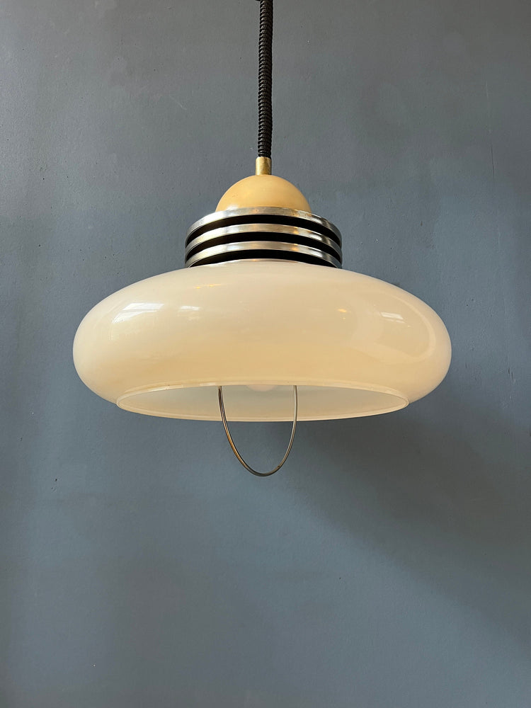 White Space Age Pendant Lamp with Plexiglass Shade and Chrome Top Cap