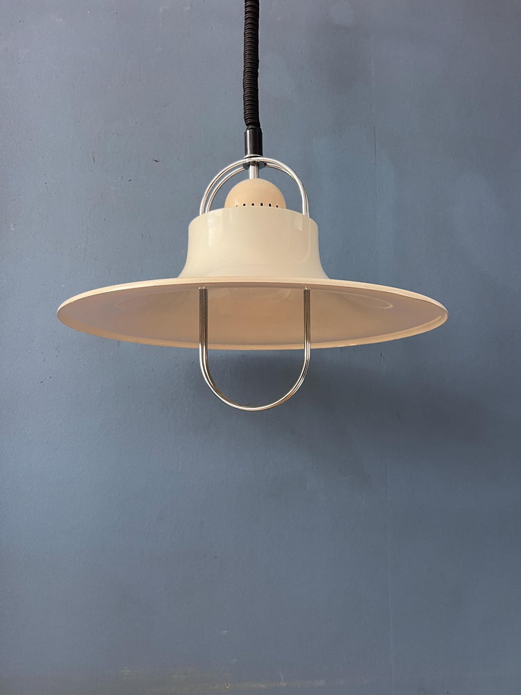 Vintage Dijkstra Pendant Lamp White & Chrome - Mid Century Modern Light Fixture