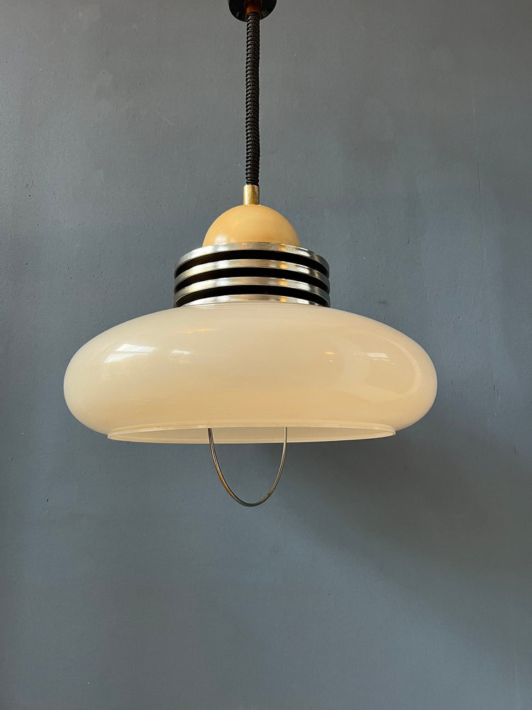 White Space Age Pendant Lamp with Plexiglass Shade and Chrome Top Cap