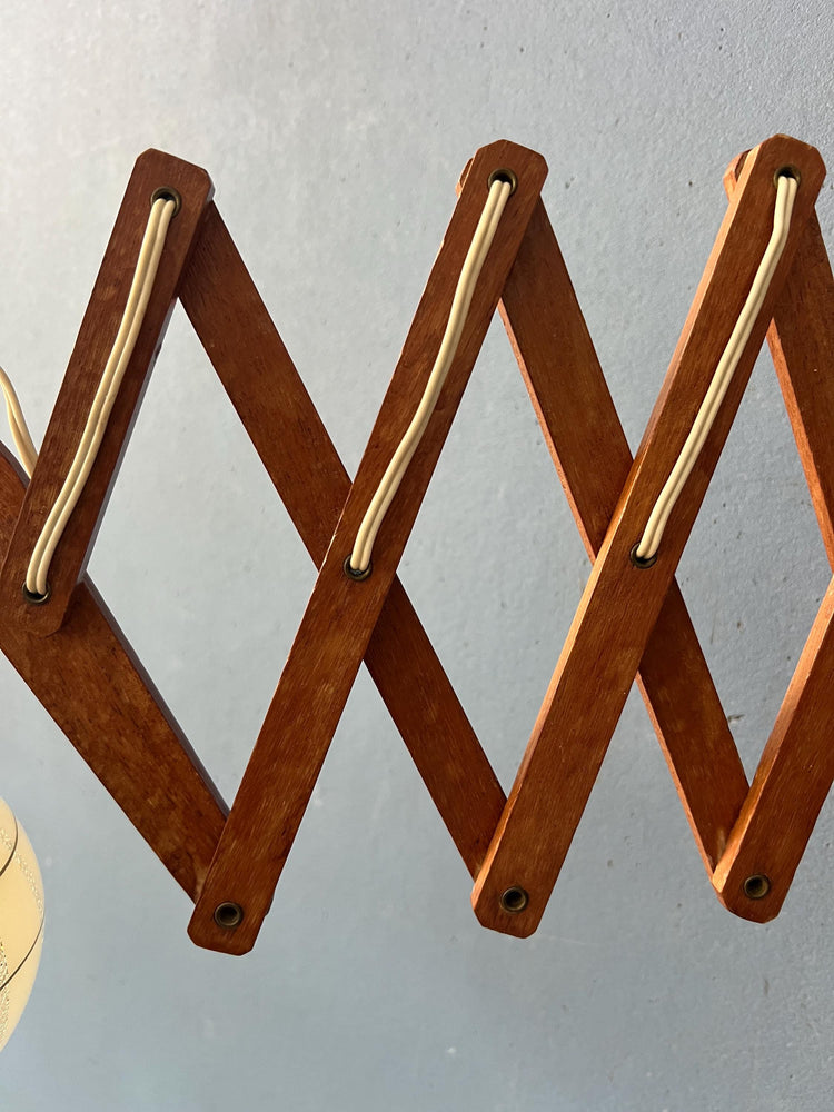 Vintage Teak Wood Scissor Wall Lamp with Glass Shade