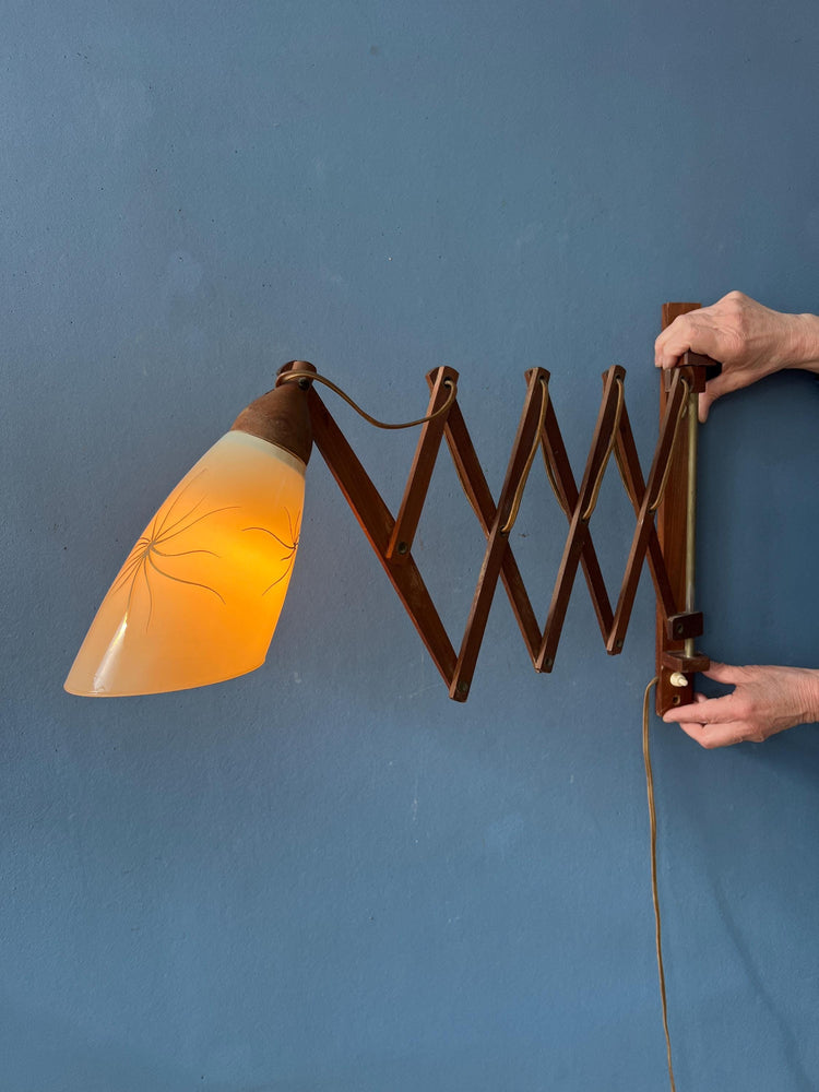 Mid Century Teak Wood Danish Wall Lamp with Glass Shade