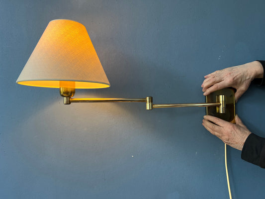 Golden Hollywood Regency Swing Arm Wall Lamp with Beige Shade