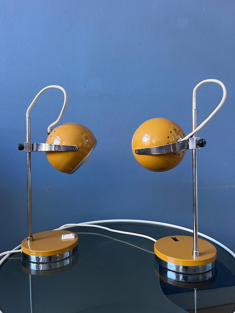 Set of 2 Yellow Space Age Eyeball Table Lamps | Vintage Mid Century Lights