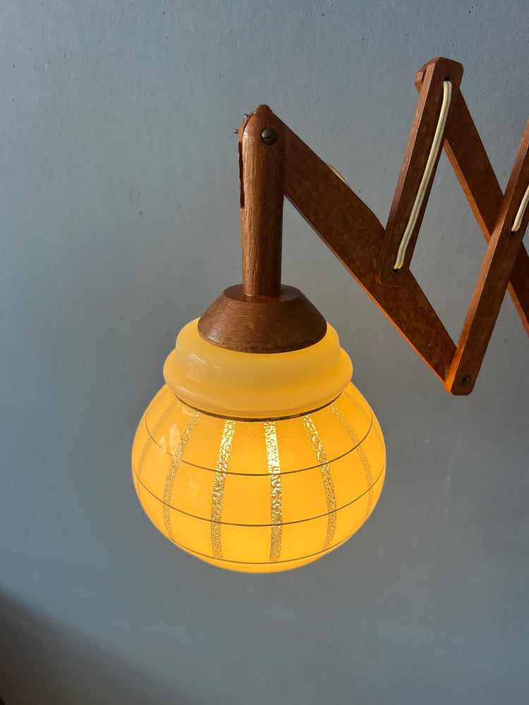 Vintage Teak Wood Scissor Wall Lamp with Glass Shade