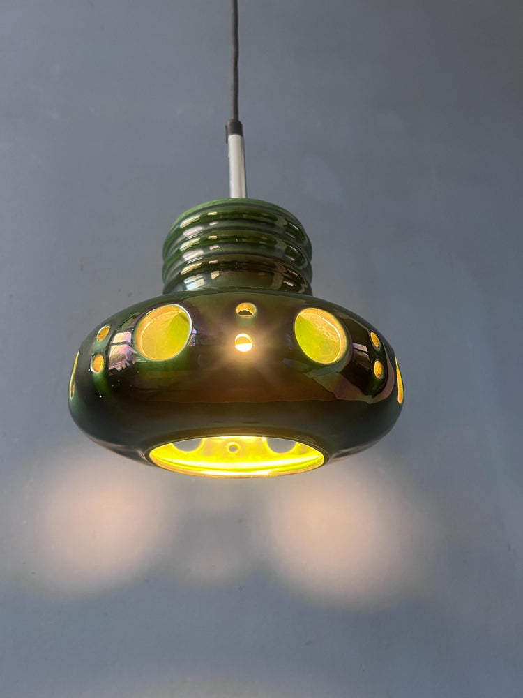 Mid Century Green Ceramic Pendant Light - West Germany Hanging Lamp