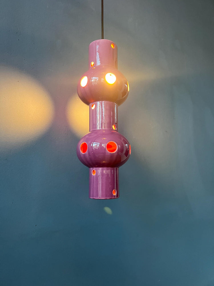Vintage Pink Purple West Germany Ceramic Pendant Lamp