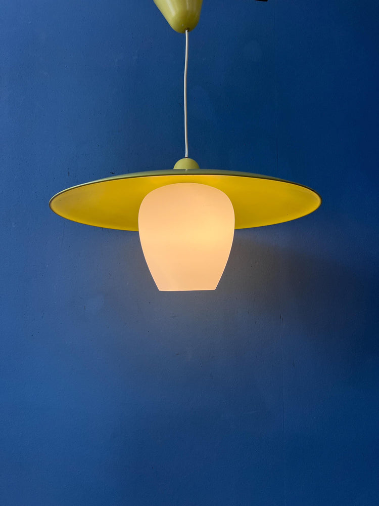 Mid Century Opaline Glass Pendant Lamp with Yellow Metal Shade