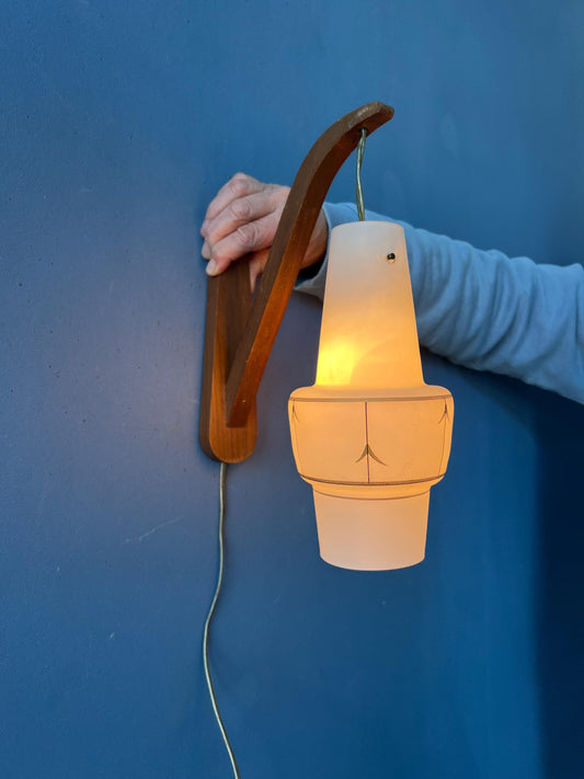 Scandinavian Opaline Glass Teak Wood Rod Wall Lamp