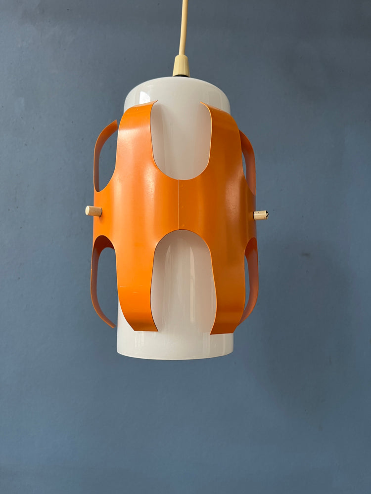 White Opaline Glass Pendant Lamp with Orange Iron Frame