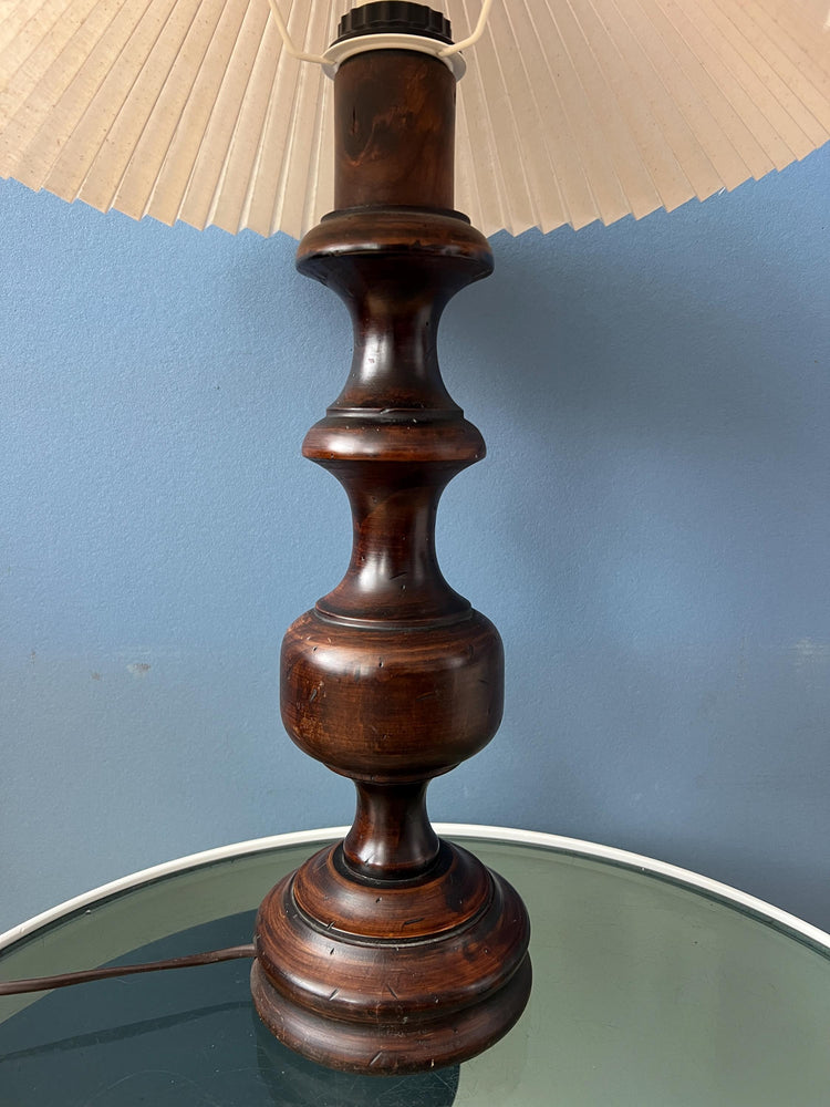 Vintage Wooden Table Lamp with Pleated Shade