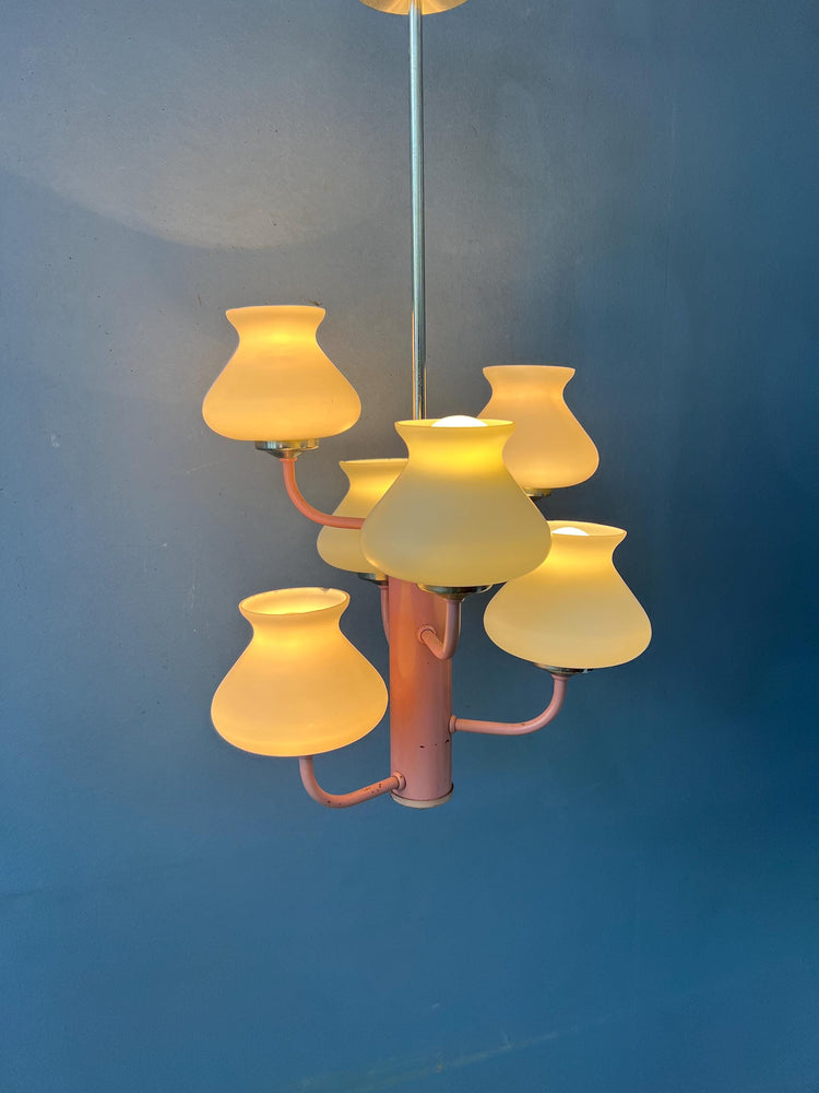 Mid Century White Opaline Glass Chandelier with Pink Frame