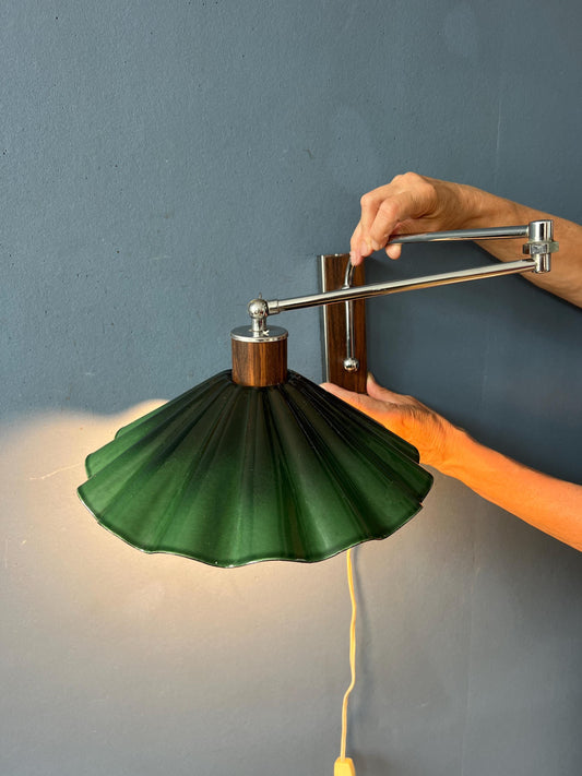 Mid Century Swing Arm Wall Lamp with Green Glass Shade