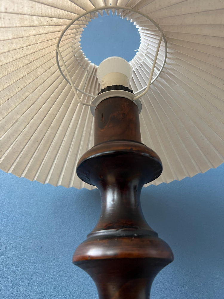 Vintage Wooden Table Lamp with Pleated Shade