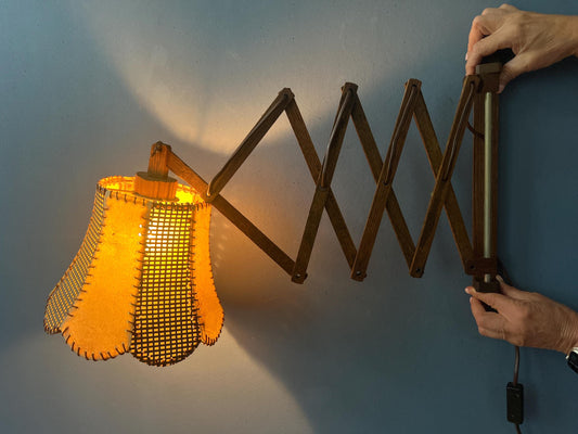 Vintage Teak Wood Scissor Wall Lamp with Traditional Fabric Shade