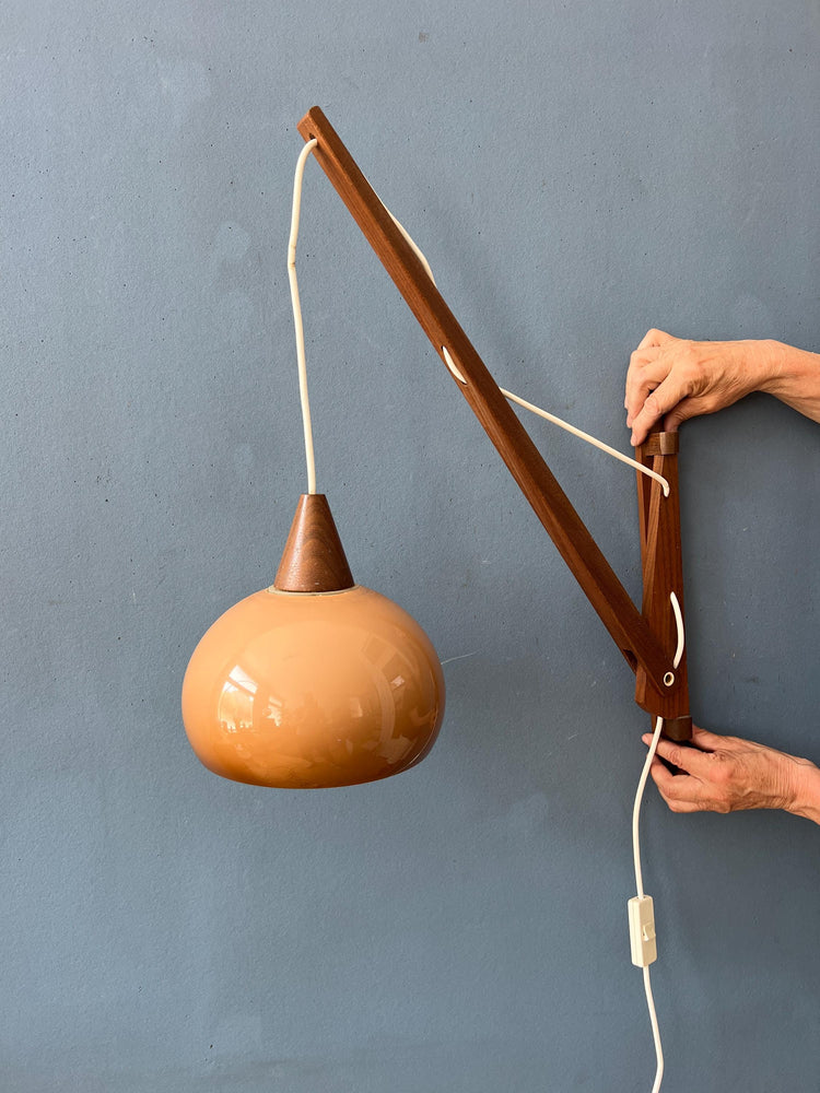 Danish Teak Wood Fishing Rod Wall Lamp with Plexiglass Mushroom Shade