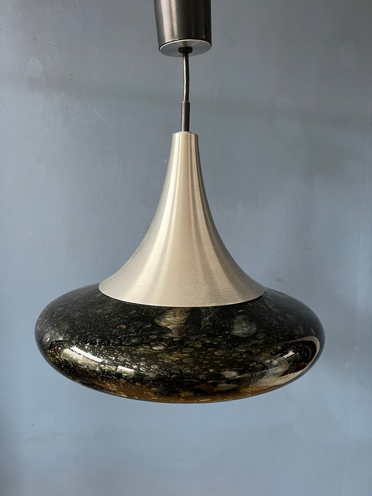 Mid Century Doria Leuchten Black Glass Pendant Lamp - Space Age Hanging Lamp - 70s Glass Light Fixture