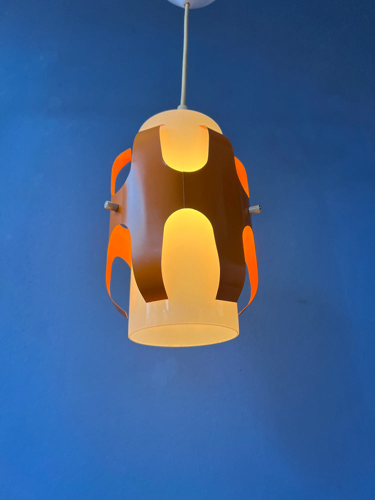 White Opaline Glass Pendant Lamp with Orange Iron Frame