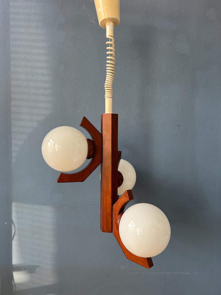 Brown Mid Century Bony Pendant Lamp with Opaline Glass Shades