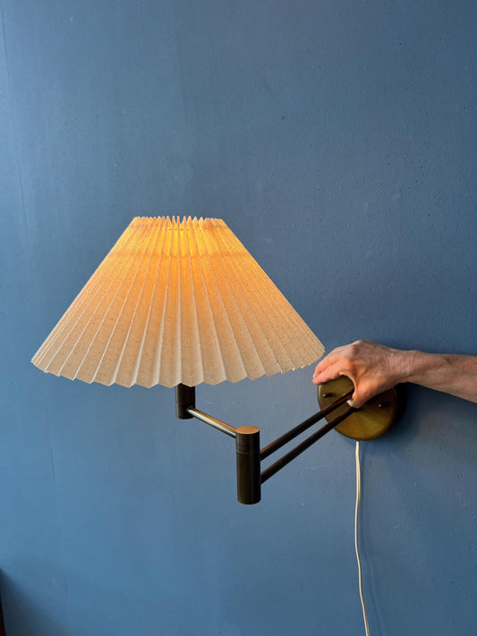 Brass Swivel Arm Mid Century Wall Lamp with Beige Pleated Shade