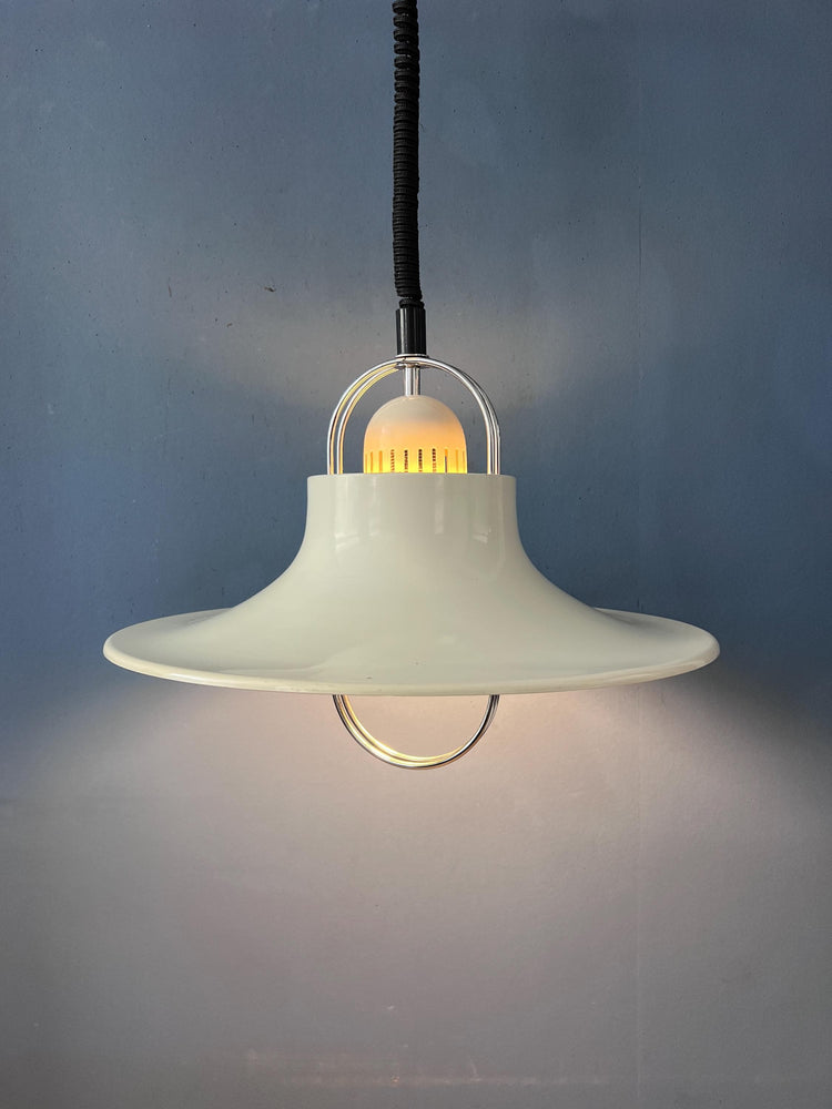Vintage Dijkstra Pendant Lamp White & Chrome - Mid Century Modern Light Fixture
