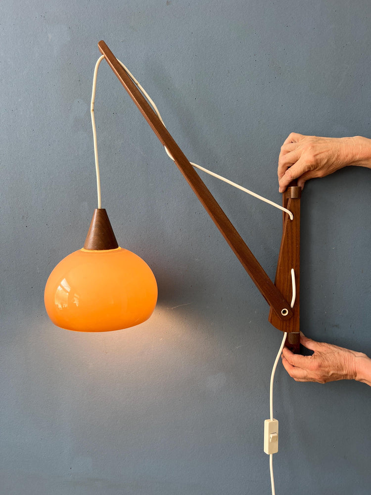 Danish Teak Wood Fishing Rod Wall Lamp with Plexiglass Mushroom Shade