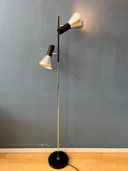 Vintage Black Mid Century Floor Lamp with Two Aluminum Spots