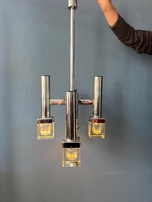Chrome Vintage Sputnik Space Age Chandelier with Cube Clear Glass Shades