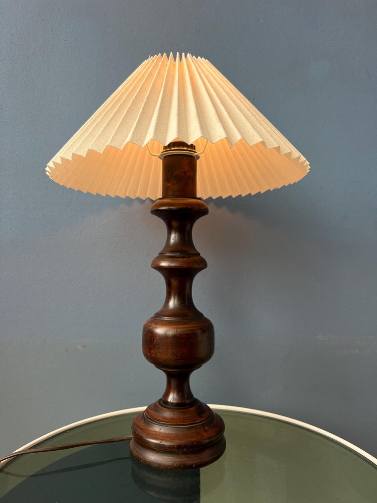 Vintage Wooden Table Lamp with Pleated Shade